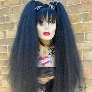 Morticia jet black high volume huge crimped loose bushy MissNeedles exclusive design 2 x bunches of hair falls goth punk fetish steampunk
