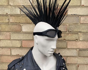 Absolute Black anti gravity rubber spike fetish Mohican hair piece mesh goggles Road Warrior bald no hair needed gay cybergoth festival punk