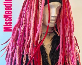 Peluca de rastas de lana natural hecha a mano en color rosa intenso, estilo gótico, punk, hada, unisex, para cosplay, quimioterapia, cómoda, para clubber, no necesita pelo, regalo de San Valentín