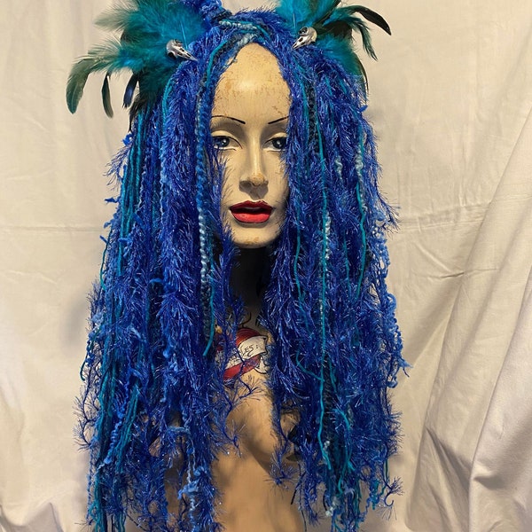 Paradise tropical blue Mermaid MissNeedles exclusive dreadlock mixed media beautiful sparkling ocean shades hair falls yarn textile texture