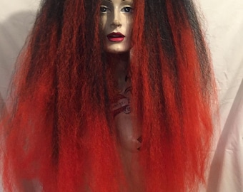 Fire goddess devil woman black red ombre high volume huge crimped bushy MissNeedles exclusive design bunch hair falls goth fetish cybergoth