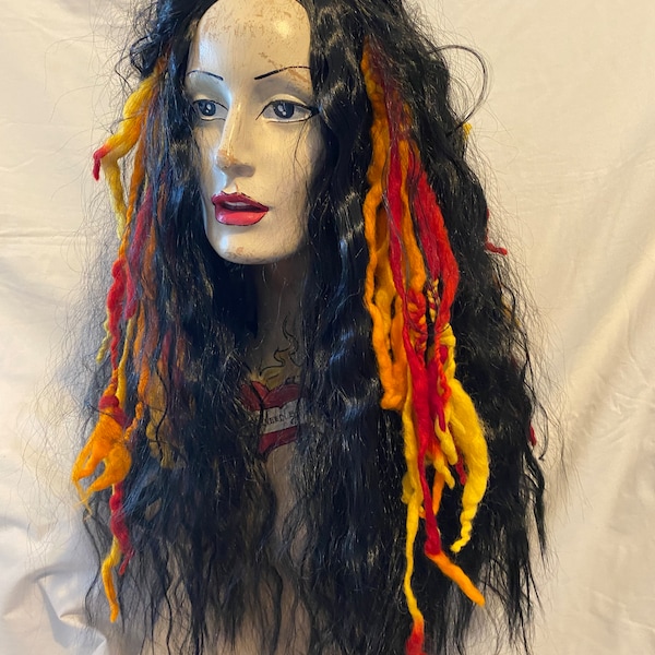 Hand made Fire mix red  Dreadlocks mini clip in hair accent piece with braided ragtail  goth punk bohemian hippy yoga goddess witch tribal