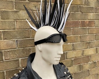 Cyber White & Black anti gravity rubber spiked fetish Mohican hair piece goggles steam punk Road Warrior bald no hair needed gay cybergoth