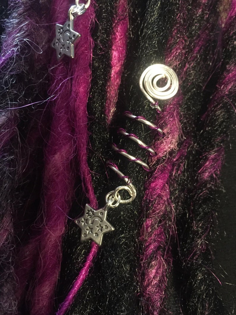 Hand made Silver plated dread springs hair bead charm hippy summer locks star design hexagram goth magic goddess ritual cuff adornment image 4