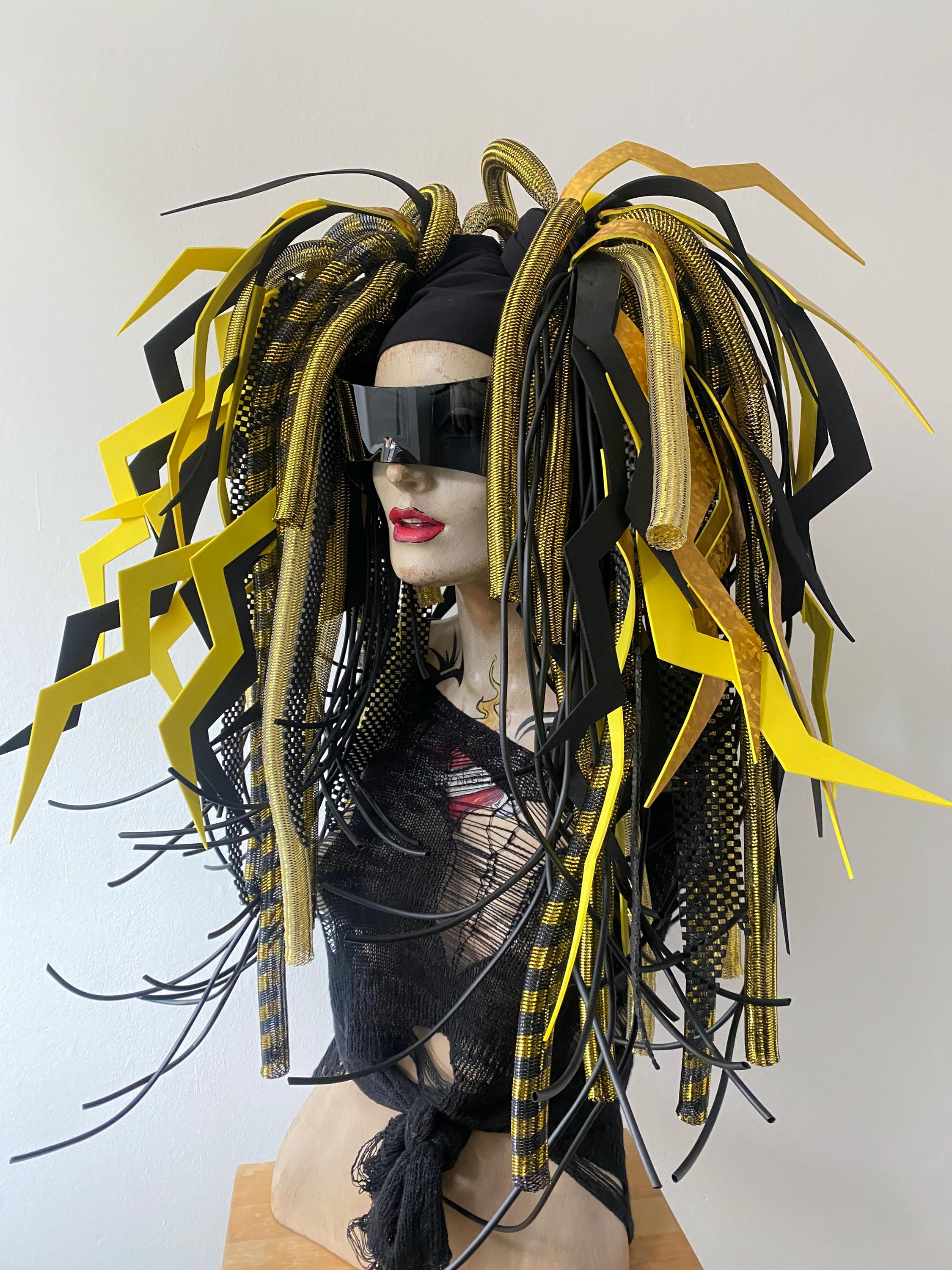 MissNeedles exclusive Gold hologram lightening bolt cosplay long Cyberlox rubber hair falls unisex Goth Industrial Cybergoth cosplay anime