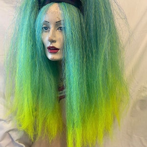 Tropical sunrise vibrant neon yellow  turquoise ombre high volume crimped bushy MissNeedles exclusive bunch hair falls cybergoth festival