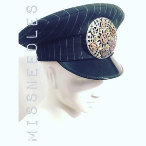 SALE ITEM Pinstripe black & white steampunk Corp goth Cybergoth Industrial customised Unisex fetish club cap military Goth Cyber Hat