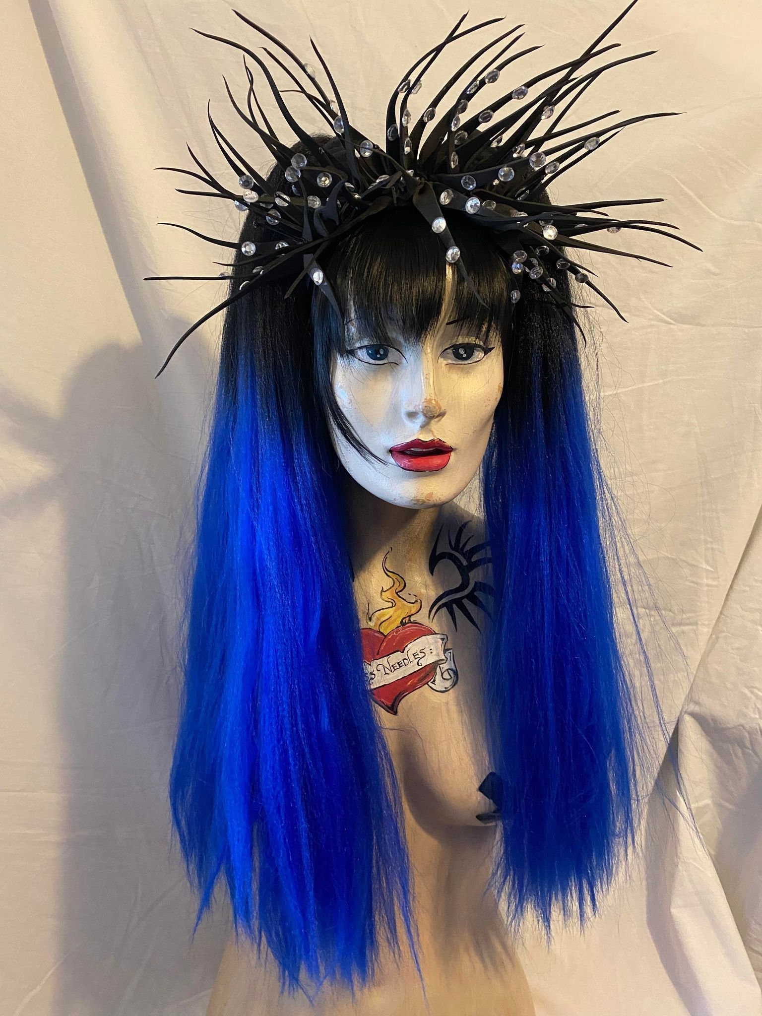 Black into Vibrant electric blue ombre high volume huge crimped bushy MissNeedles bunches hair falls goth festival Halloween dark mermaid