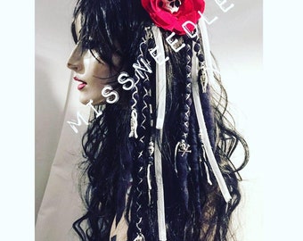 Hand made White & Black Dreadlocks mini clip in hair accent piece with wraps and charms goth punk bohemian hippy yoga witch skeleton skull