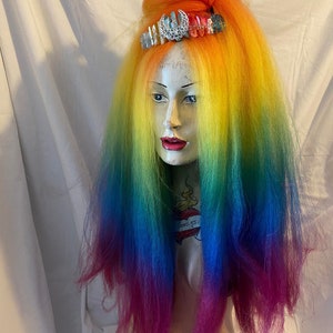 Bright Tie Dye Rainbow high volume huge crimped loose MissNeedles exclusive design bunches of hair falls goth punk fetish festival rave club
