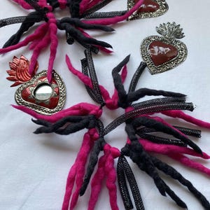 Vibrant pink & Black hand made Wool dreadlock mini hair falls scrunchie lightweight hair ties with cyberlox cybergoth goth boho  christmas