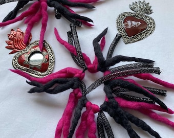 Vibrant pink & Black hand made Wool dreadlock mini hair falls scrunchie lightweight hair ties with cyberlox cybergoth goth boho  christmas