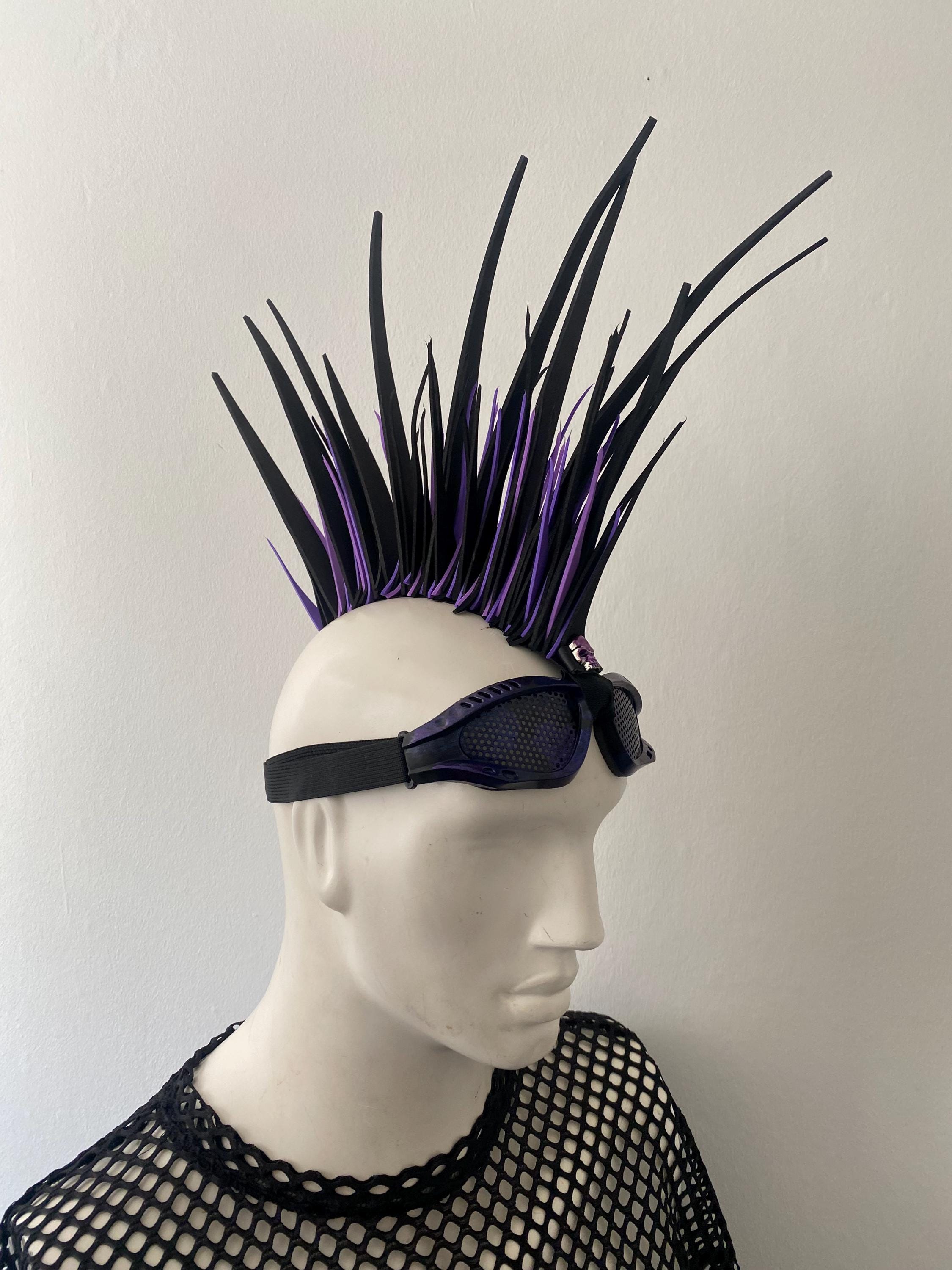 Cyber Purple & Black anti gravity rubber spiked fetish Mohican hair piece goggles steam punk Road Warrior bald no hair needed gay cybergoth