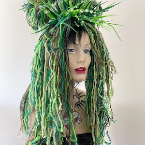 Woodland Forest pagan festival fairy dreadlock mixed media beautiful textile yarn tie in ponytail hair falls pieces pair green brown