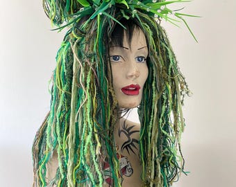 Woodland Forest pagan festival fairy dreadlock mixed media beautiful textile yarn tie in ponytail hair falls pieces pair green brown