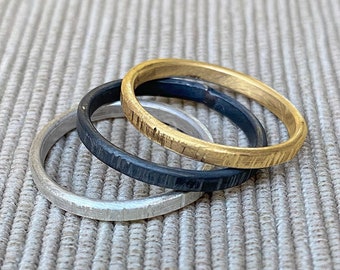 Mixed Metal Stacking Ring Set: Sterling Silver, Gold Plated, Oxidized Silver