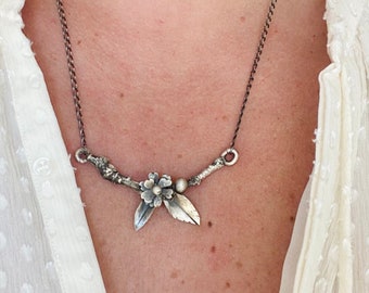 Floral Sterling Silver Twig Necklace: Handmade Victorian Jewelry