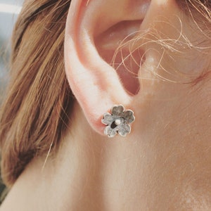 Flower stud silver earrings for her, Cherry blossom sterling silver oxidized earrings for women, Dainty earrings