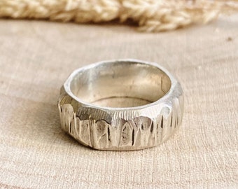 Rustic Tree Bark Sterling Silver Wedding Band: Organic Adventurer Ring