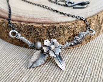 Floral silver twig necklace, Victorian silver necklace, Branch silver necklace, Wedding necklace, Mother day gift, Botanical necklace