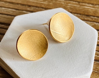 Gold Vermeil Leaf Texture Stud Earrings: Minimalist Circle Design