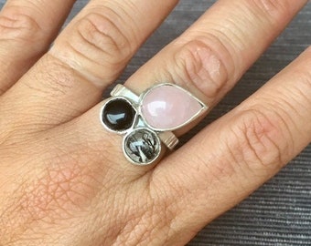 Multistone silver ring with rose quartz, onyx and rutilated quartz, Gemstone ring, Handmade jewelry