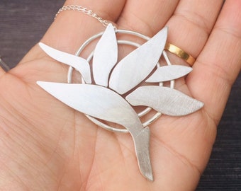 Plant lover Christmas gifts, Big tropical flower silver necklace, Strelitzia silver necklace, Tropical jewelry