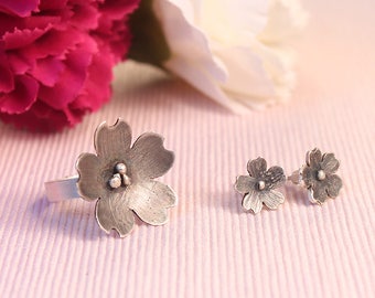 Cherry blossom jewelry set, Sakura ring & earrings, Mom gift set, Matching ring and earrings