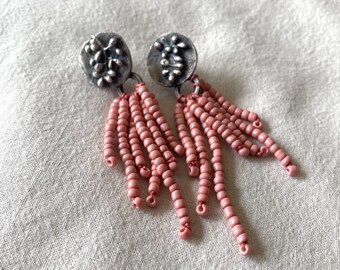 Dangle Seed Bead Earrings: Sterling Silver Rustic Botanical Pink Earrings