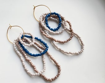 Petrol blue and beige seed bead earrings, Gold plated hoops with seed beads, Modern seed bead earrings for her, Mismatched earrings