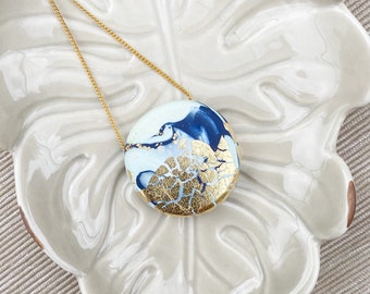 Blue and gold necklace, Bridesmaid necklace, Gold plated and polymer clay necklace, Minimalist necklace