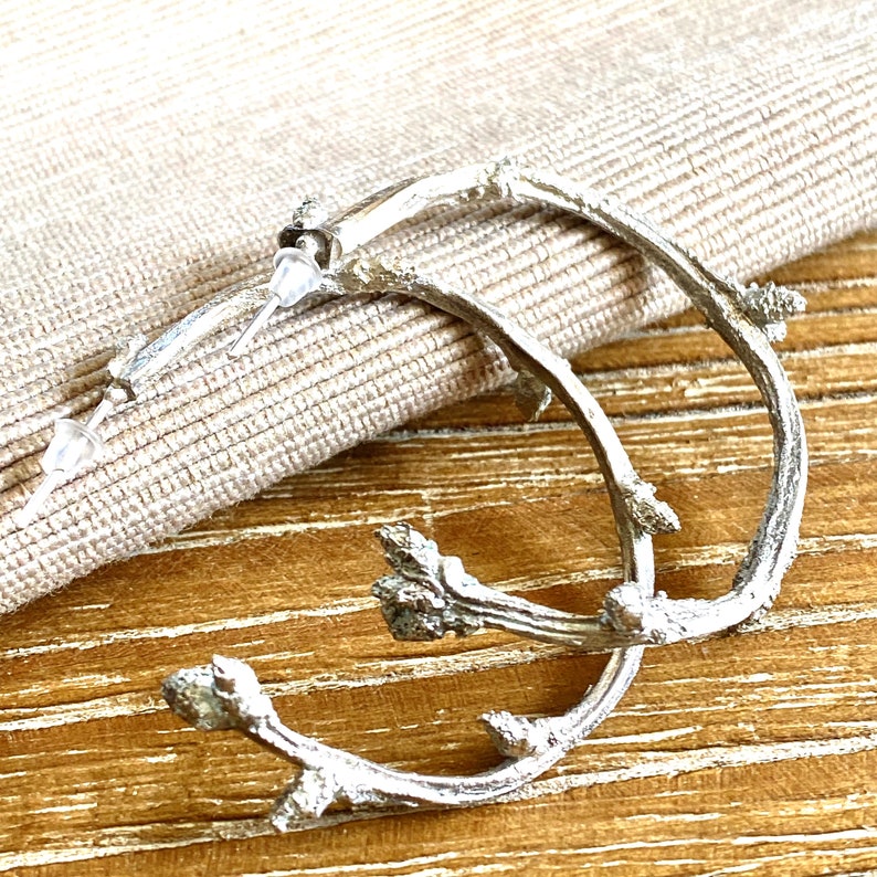 Sterling silver twig hoop earrings, Botanical themed earrings, Rustic hoop earrings image 3