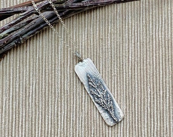 Rustic twig silver necklace, Cedar twig necklace, Sterling silver botanical pendant, Cottagecore style necklace