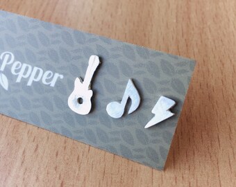 Sterling Silver Music Stud Earrings Set: Guitar, Note & Lightning Bolt