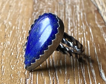 Oxidized Silver Lapis Lazuli Ring: Pear-Shaped Gothic Statement Jewelry