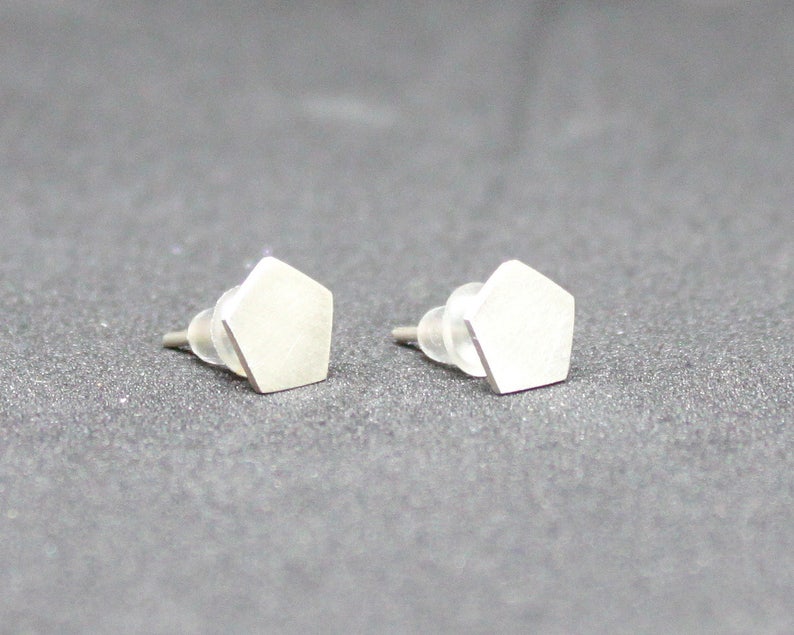 Pentagon silver stud earrings, Sterling silver earrings, Unisex stud earrings, stocking stuffers image 2