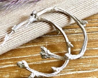 Sterling silver twig hoop earrings, Botanical themed earrings, Rustic hoop earrings