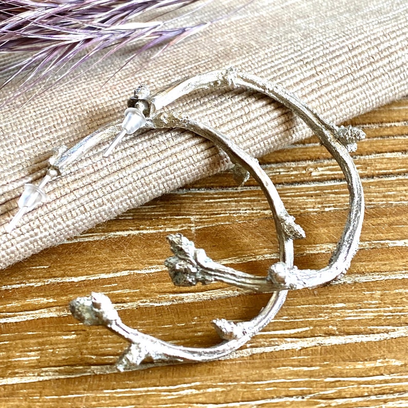 Sterling silver twig hoop earrings, Botanical themed earrings, Rustic hoop earrings image 5