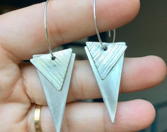 Oxidized Sterling Silver Triangle Dangle Earrings: Geometric Modern Jewelry