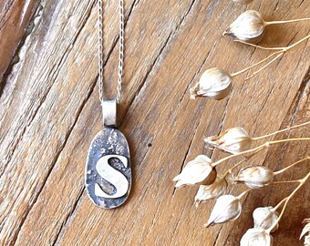 Personalized Sterling Silver Initial Necklace, Oxidized Punk Pendant