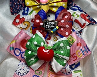 School Hair Bow: ABC Apple Pencil Grosgrain Ribbon Clip