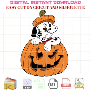 May include: A digital illustration of a Dalmatian dog wearing a pumpkin hat and peeking out of a carved jack-o'-lantern. The image includes the text "DIGITAL INSTANT DOWNLOAD EASY CUT ON CRICUT AND SILHOUETTE".