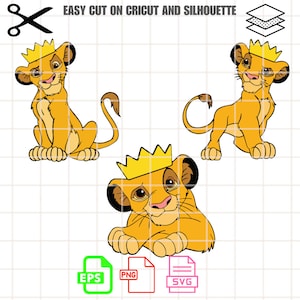 Puede incluir: Tres imágenes de dibujos animados de un cachorro de león con una corona dorada. El cachorro de león está sentado, de pie y acostado. Las imágenes están sobre un fondo de cuadrícula blanca.