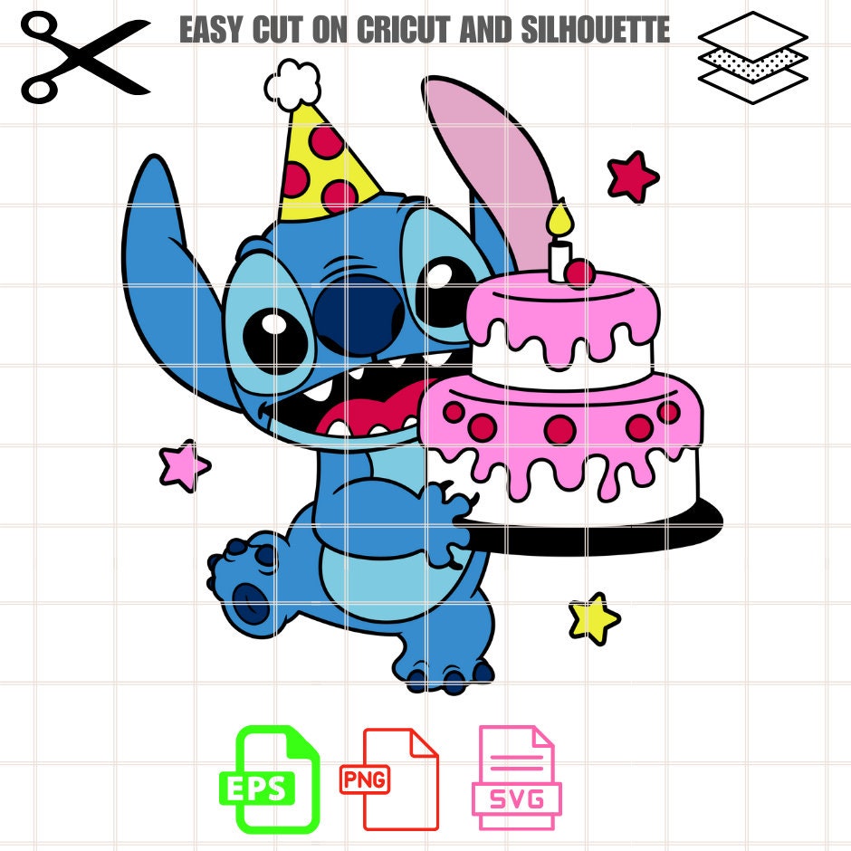 Birthday Cake Stitch Svg, Happy Birthday Svg, Birthday Party Svg, Kawaii Svg, Cricut, Silhouette Vector Cut File