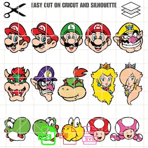 Super Mario Heads Bundle geschnitten, Mario Charaktere Art, Super Mario Art, Mario Bros Art, Cricut, Silhouette Vektor geschnitten Datei