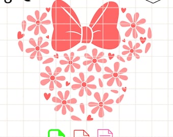 Arquivo vetorial de corte da Minnie com margaridas, cabeça do Mickey, estilo kawaii, para Cricut e Silhouette.