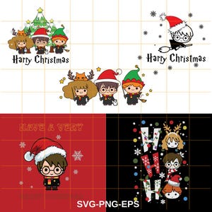 Könnte beinhalten: Festliche Weihnachtsgrafiken mit Cartoon-Charakteren in Weihnachtsmützen und Elfenhüten. Die Designs enthalten den Text "Harry Christmas" und "Have a Very" mit Schneeflocken und anderen festlichen Elementen.