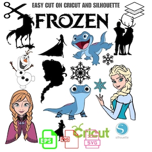May include: Frozen themed SVG cut files for Cricut and Silhouette machines. Includes images of Elsa, Anna, Olaf, Sven, and the snow monster.  The text "FROZEN" is also included.