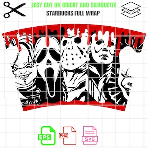 May include: Black and white digital design featuring horror movie characters, including Freddy Krueger, Jason Voorhees, Michael Myers, and Pennywise. The design is set against a red background with dripping blood.