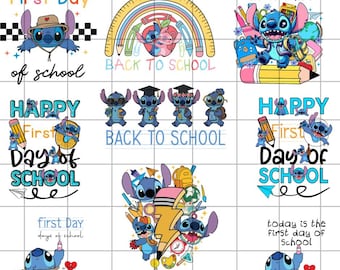 May include: A collection of digital download graphics featuring the character Stitch from Lilo & Stitch. Designs include Stitch with school supplies, text that says "First Day of School" and "Back to School", and the text "ONLY PNG".